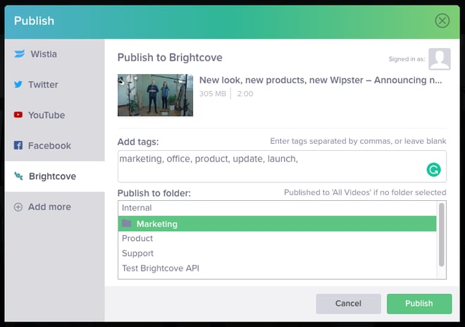 Publishing video from Wipster to Brightcove